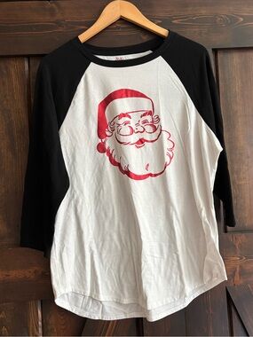 State of Mine Black & White Raglan Tee with Red Santa Christmas Graphic Large